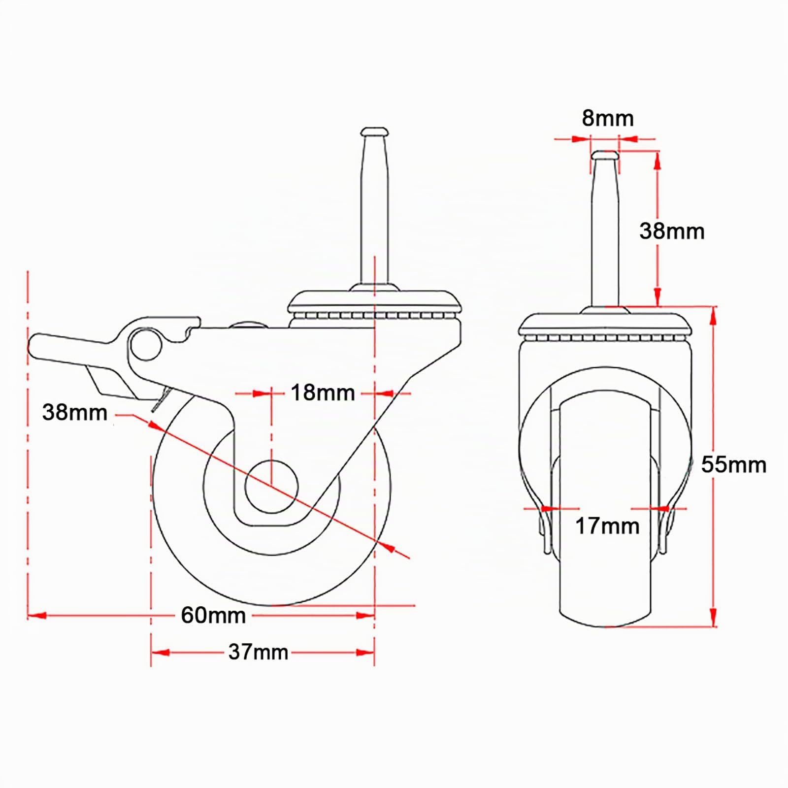 roulettes pivotantes silencieuses de 1,5" avec Frein, adaptées au diamètre du Tube (14/16/19/22 mm, en Option), Roulette de Remplacement, roulettes de Meubles pour Chariot, Berceau, étagères