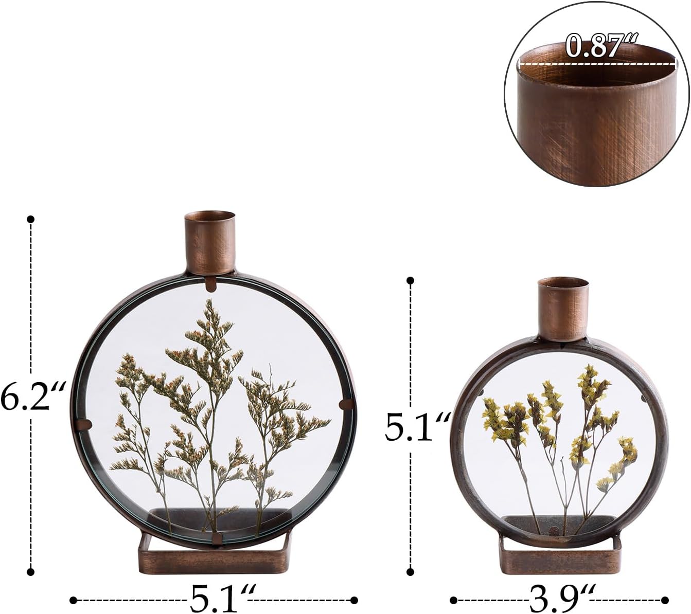 NIKKY HOME Nature Dried Flower Taper Candle Holders Set of 2, Vintage Decorative Metal Candlesticks Round Frame with Glass Centerpieces Decor for Dining Room Table Wedding Party Mantle Fireplace