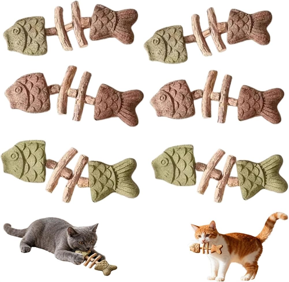 2026 New Creative Fish Bone Cat Dental Chew Toy,Natural Catnip&Silvervine Teeth Cleaning Stick,Wooden Catnip Teeth Cleaning Stick,Fix Cat Dental Health,Durable Wooden Feline Tooth Care Tool (Mixed*6)