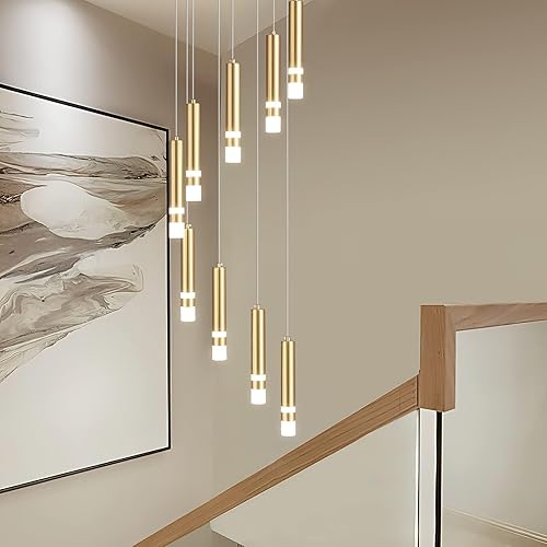 Miniatura 4 de Lámpara colgante moderna de 9 luces, regulable, LED, 54 W, escalera dorada, gran vestíbulo, sala de estar, dormitorio, vestíbulo, techo alto
