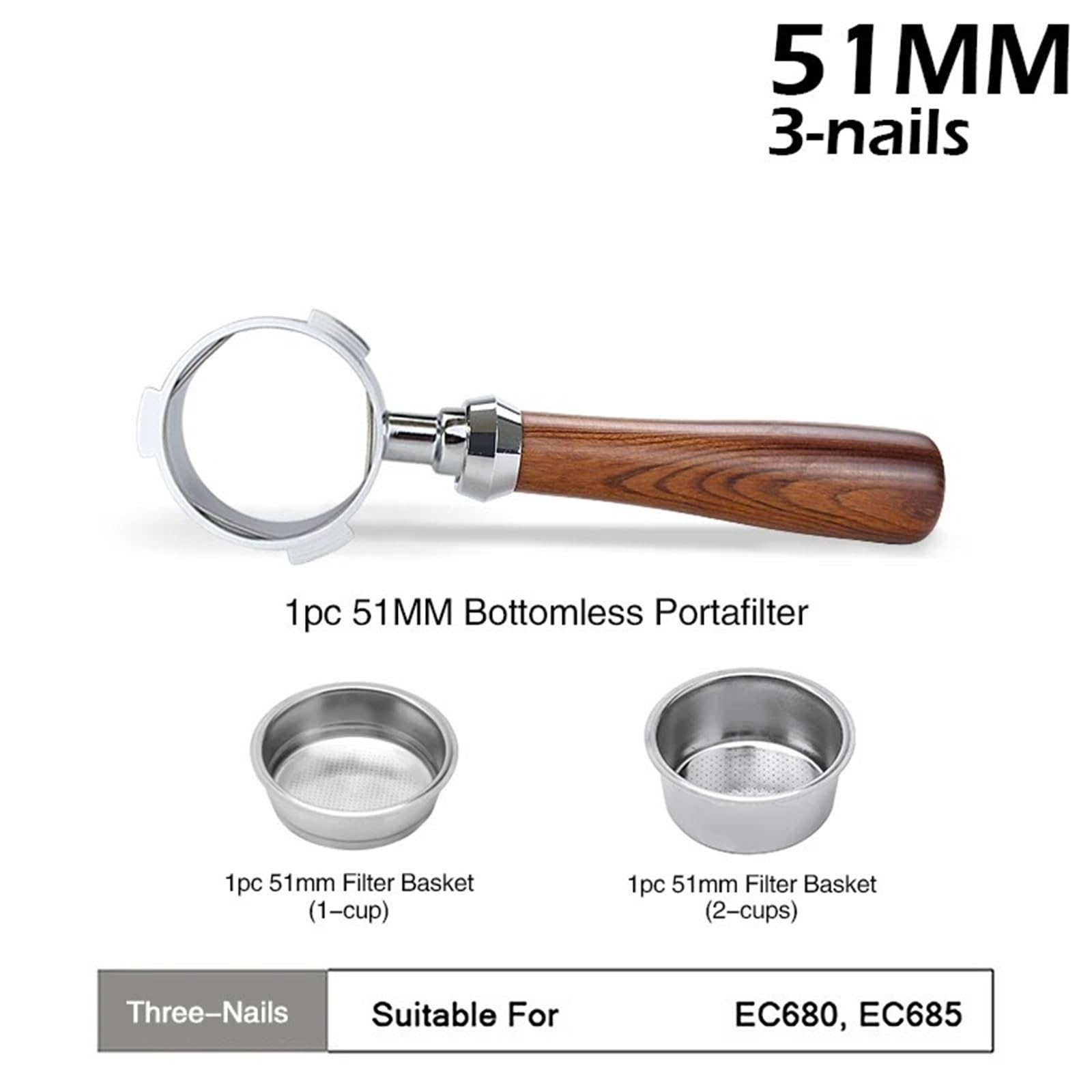Portafiltro Sin Fondo For Café Con 3 Clavos, 51mm, Compatible Con Delonghi,Dedica Ec680 Ec685, Cesta De Filtro De Repuesto, Accesorio De Barista