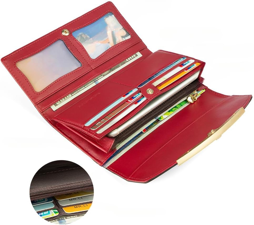 RFID Blocking Genuine Leather Wallet for Women Large Capacity 3-Fold Magnetic Closure Embossed Pattern Anti-Theft (Wine Red)2