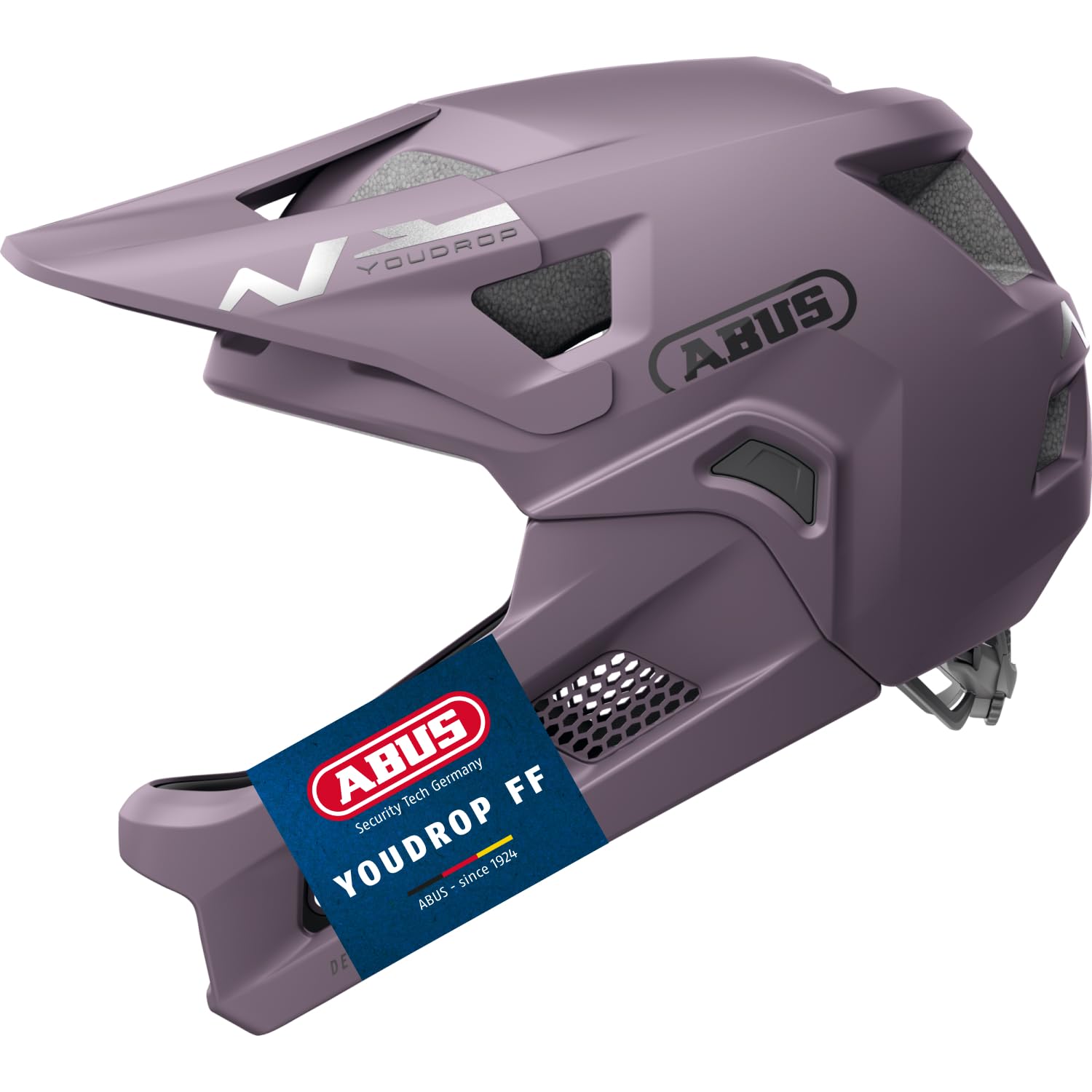 ABUS YouDrop FF - Casco de Bicicleta de montaña para niños y jóvenes, para iniciar el Ciclismo de montaña, con Protector de Barbilla extraíble, Color Morado, Talla S