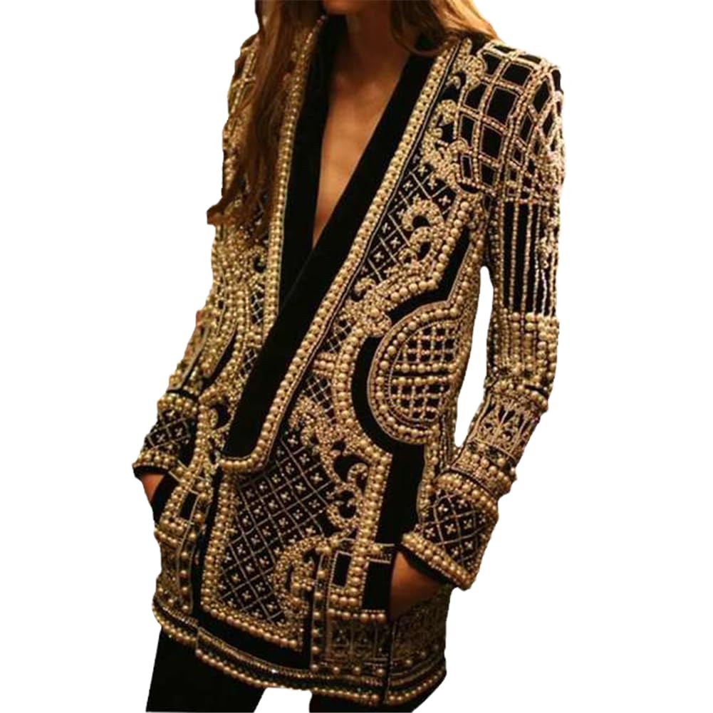 GeRRiT Europe and America V-Neck Long Sleeve Blazer Top Bubble Bead Print Womens Jacket Coats XX-Large S2 Gold