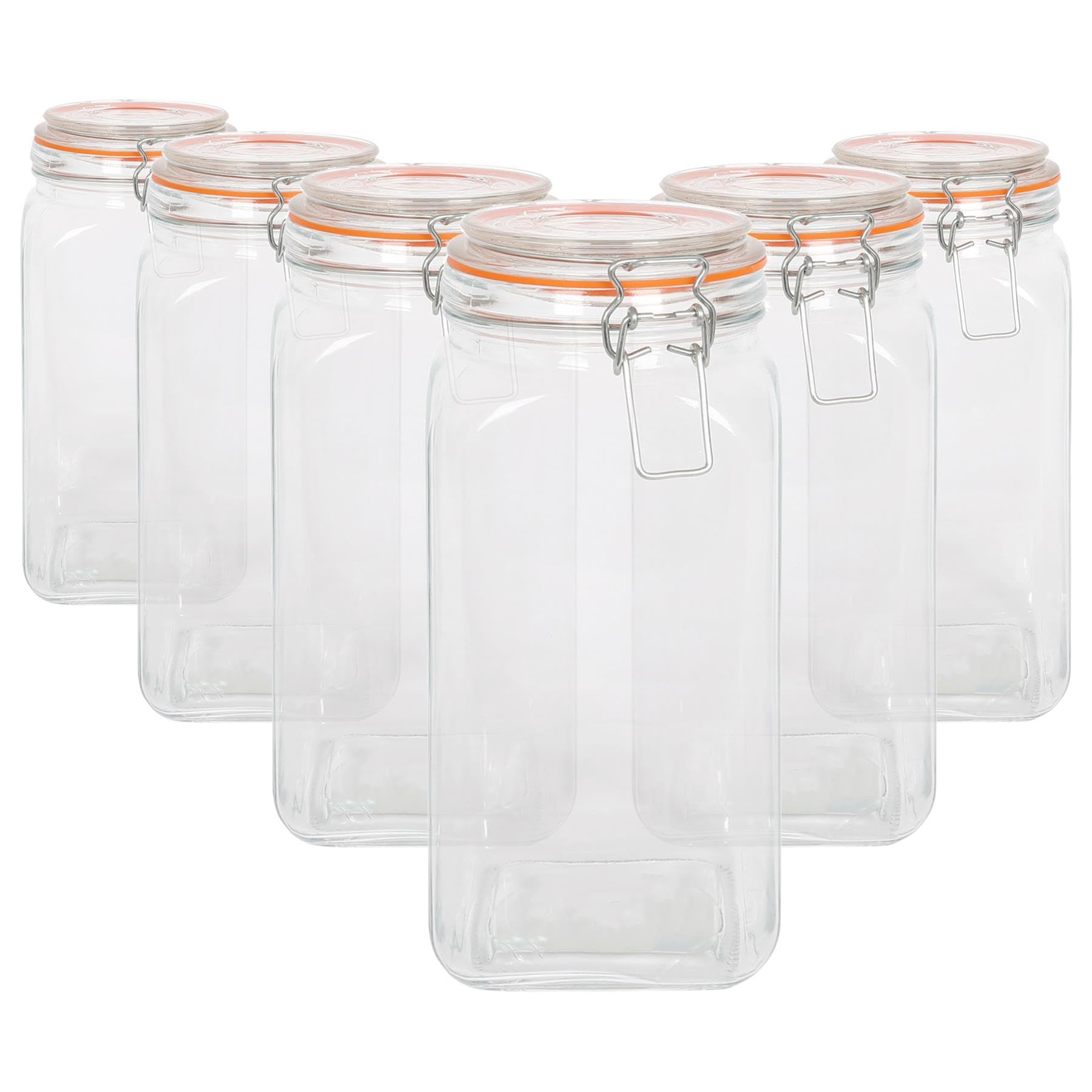 Argon Tableware Clear 1.7L Square Glass Jars With Clip-Top Lids - 6Pc Airtight Kitchen Mason Jar Food Storage Preserving Container For Pickling, Chutney, Jam, Coffee, Oats