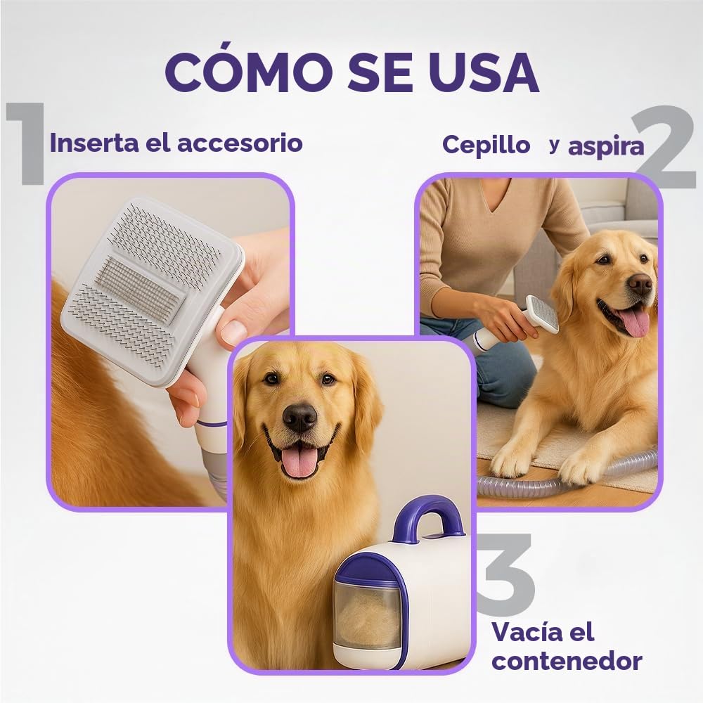 Aspirador para perros con cepillo – Dispositivo de aseo y eliminación de pelo 2 en 1, silencioso y potente – Aspirador de pelo de mascotas para casa, sofá y coche con accesorios incluidos