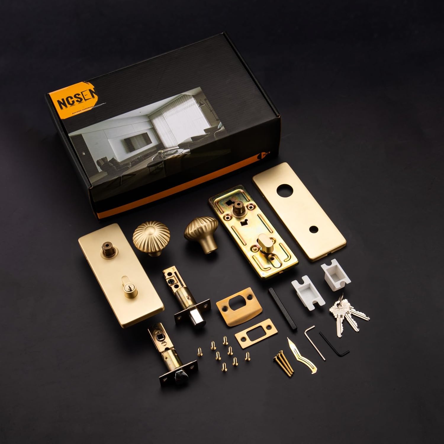 Gold Door Knob with Lock,Satin Brass Exterior Door Lock Set with Deadbolt,Seashell Knob Front Door Handle