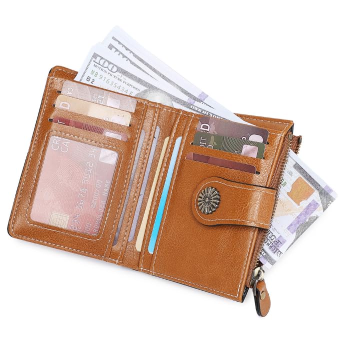 Small RFID Blocking Wallet for Women – Compact Leather Bifold Credit Card Holder with Zipper Pocket4