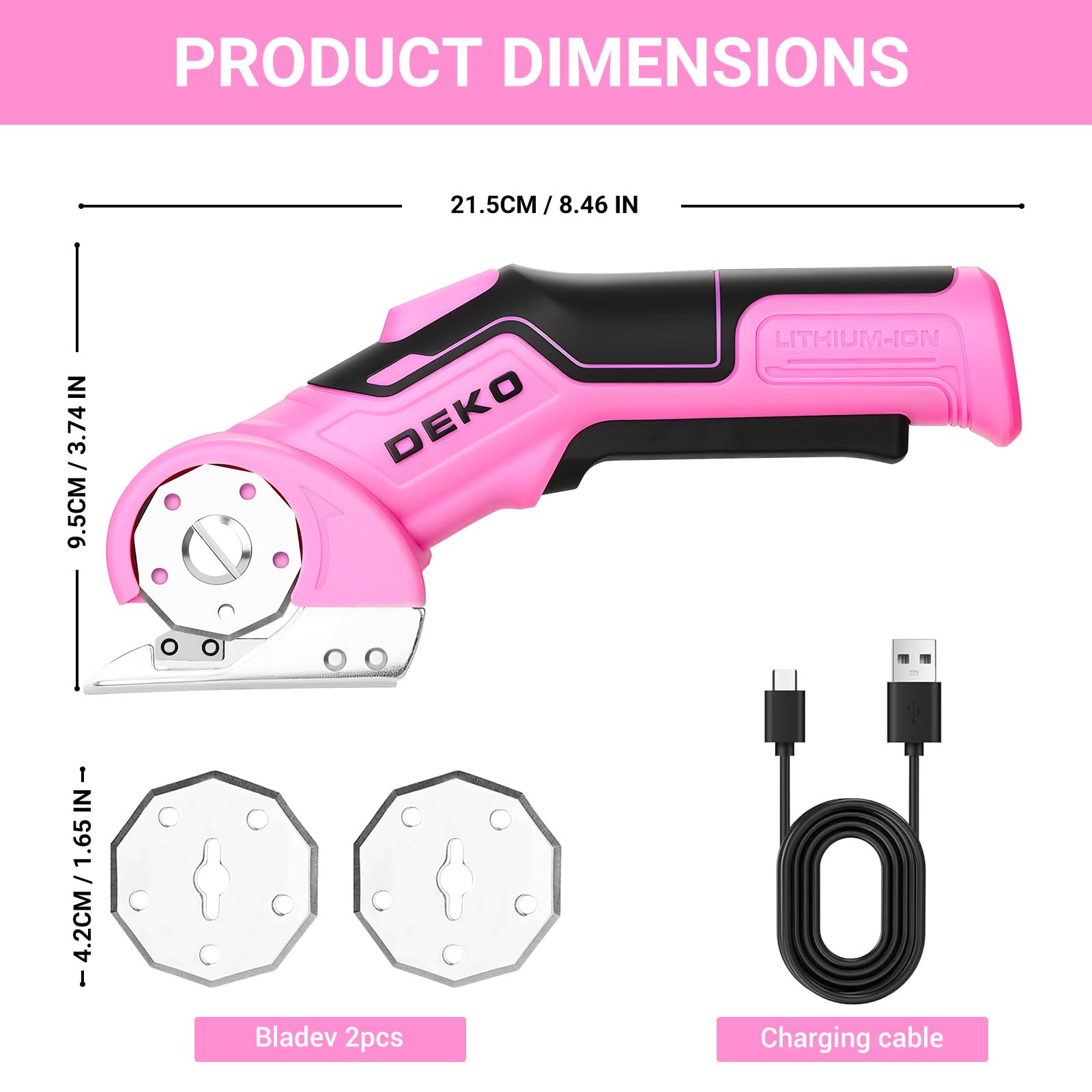 DEKOPRO Ciseaux Electrique Rotatif Couture: 3.7V Ciseaux Électrique sans Fil avec 2 Lames, Coupe Carton Puissant, pour Tissu, Cuir, Tapis, Plastique, DIY & Couture