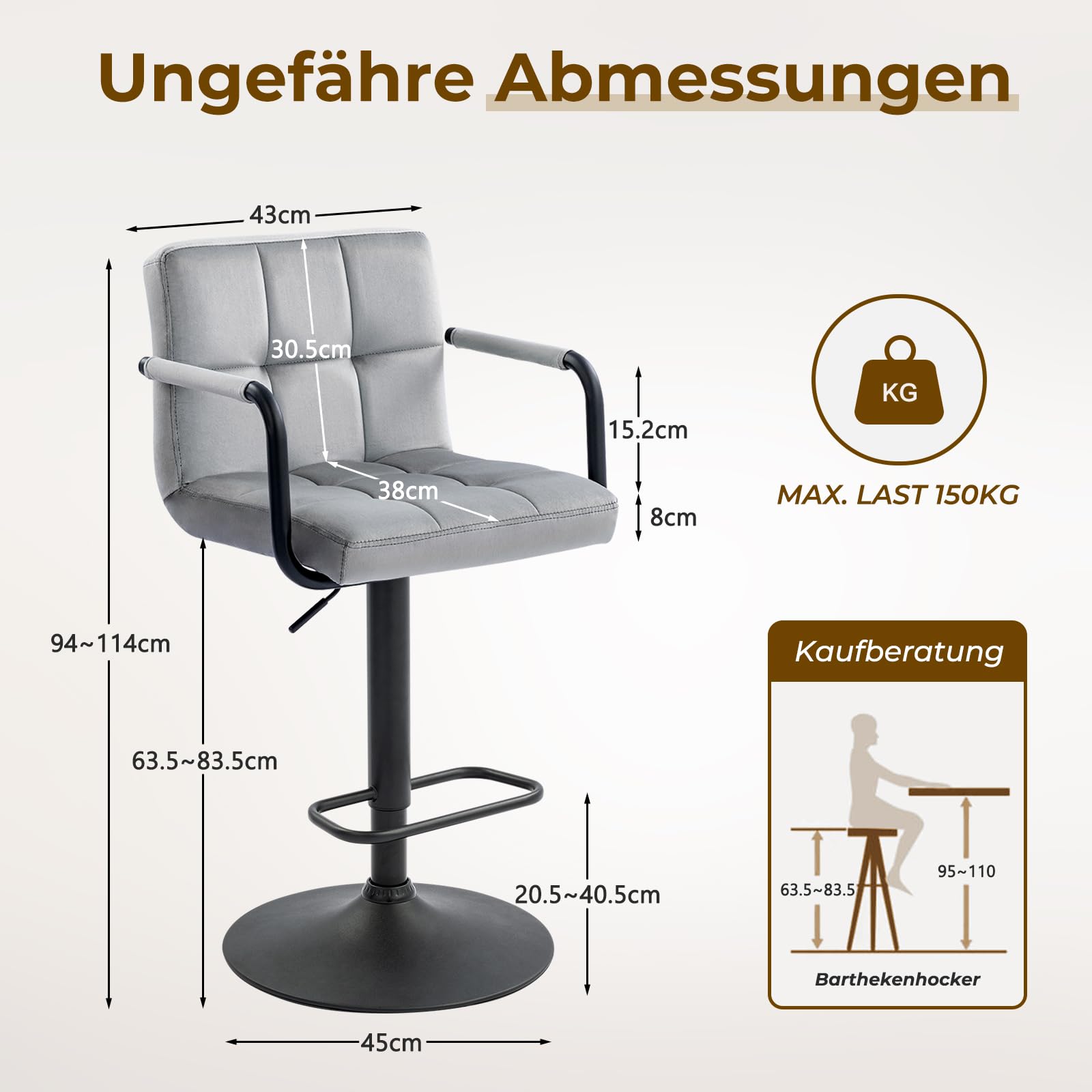 Verstellbarer Barhocker, Drehbarer Barhocker, 2er-Set, Thekenhocker mit Armlehne und Fußstütze, Gepolsterte Barstühle für Küche und Esszimmer, Samt-Grau