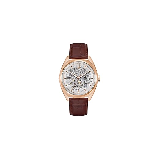 Bulova Relógio masculino automático clássico, pulseira de couro preto, mostrador esqueleto completo, reserva de energia de 42 horas, 41 mm, Pulseira marrom/ouro rosa, Pulseira de aço inoxidável