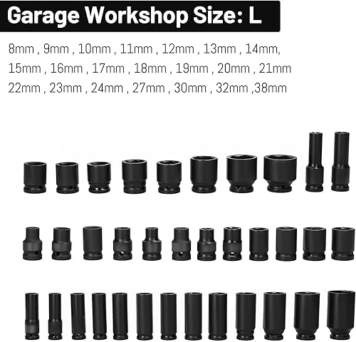 Miniatura 2 de Juego de llaves de impacto de 12 pulgadas, 35 piezas de zócalo profundo de 6 puntos, juego de llaves de impacto de 12 pulgada, tamaño métrico,