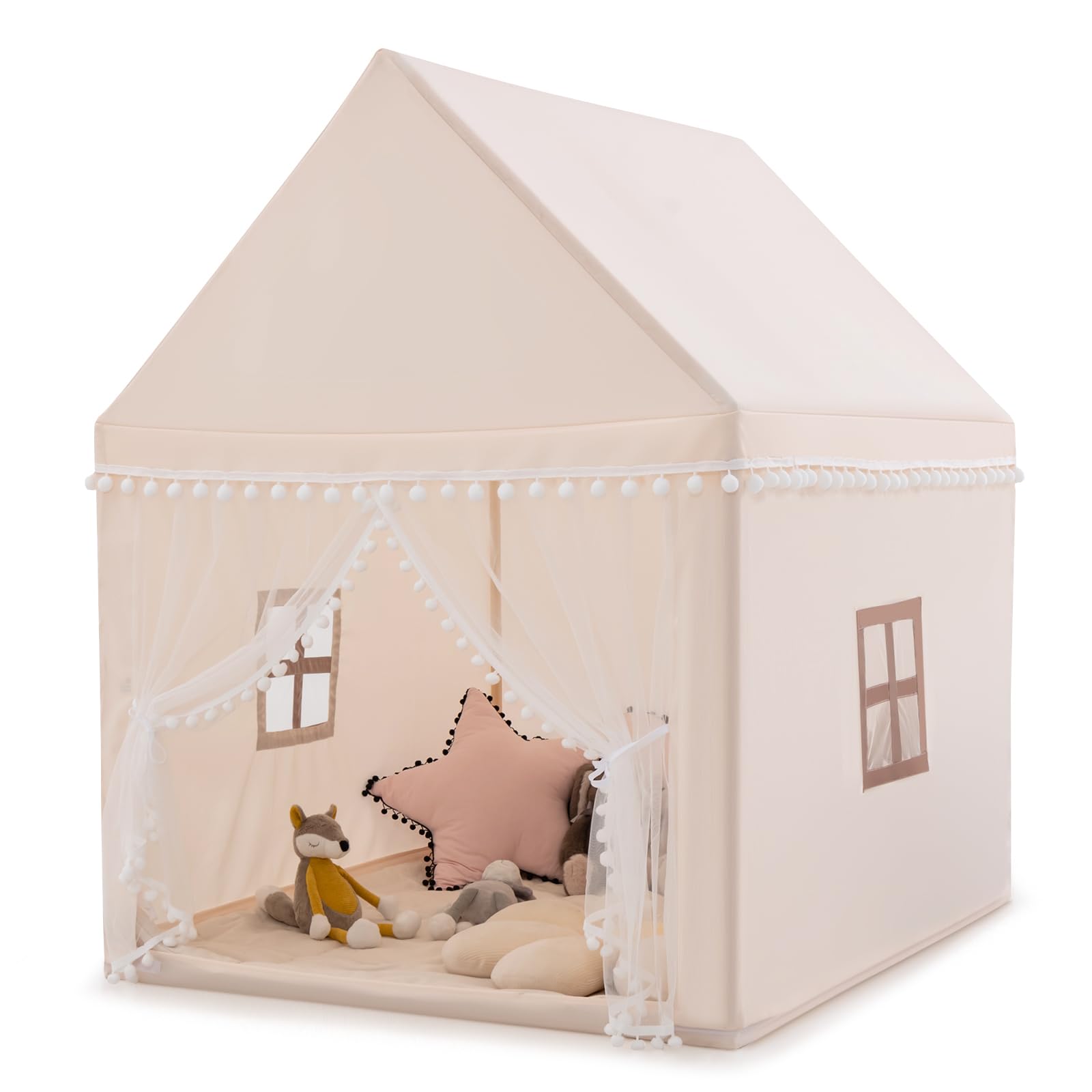 GOPLUS Kindertent met wasbare mat, speeltent voor meisjes en jongens, voor binnen en buiten, constructie van massief hout, grote ruimte, cadeau voor kinderen, verjaardag, Kerstmis (beige
