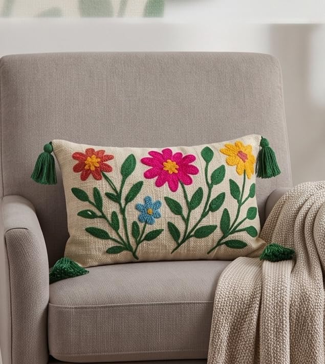 Image of Furnistitchs Boho Rectangle Cushion Cover 12x20 inches | Handmade Decorative Throw Pillow Case | Bohemian Home Decor Sofa Bed Cushion Cover Living Room Bedroom (2, Multi Daisy, 12x20 inches)