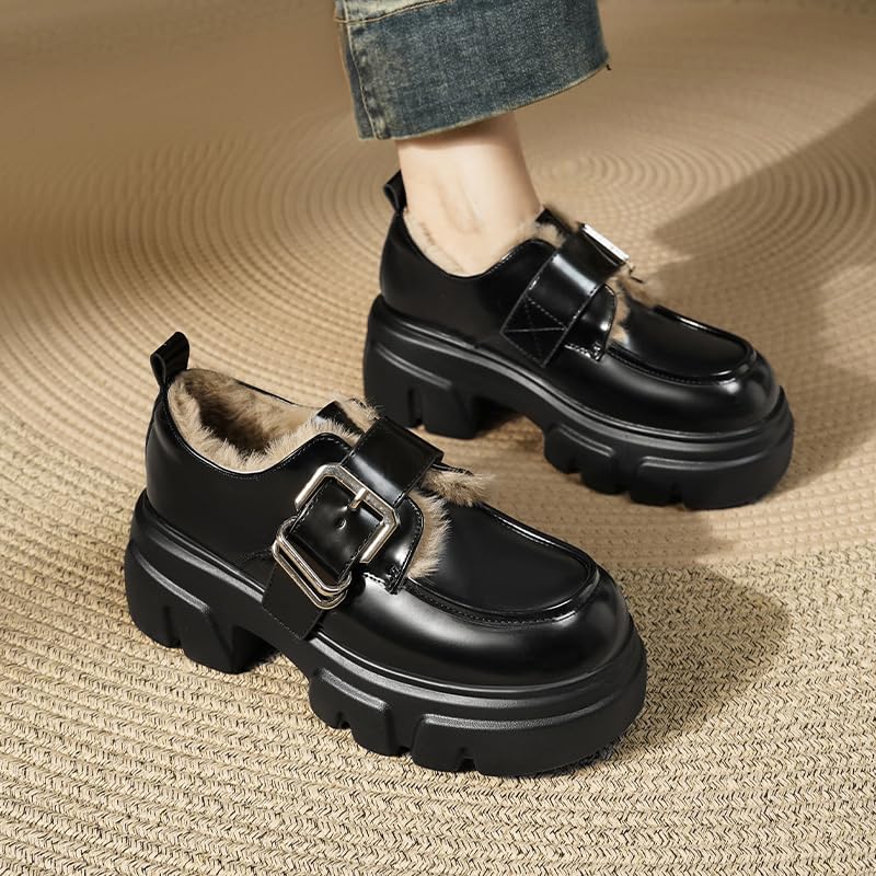 Women's thick-soled platform flats for autumn and winter. Available in extra thick and warm options. commuting and daily wear.2