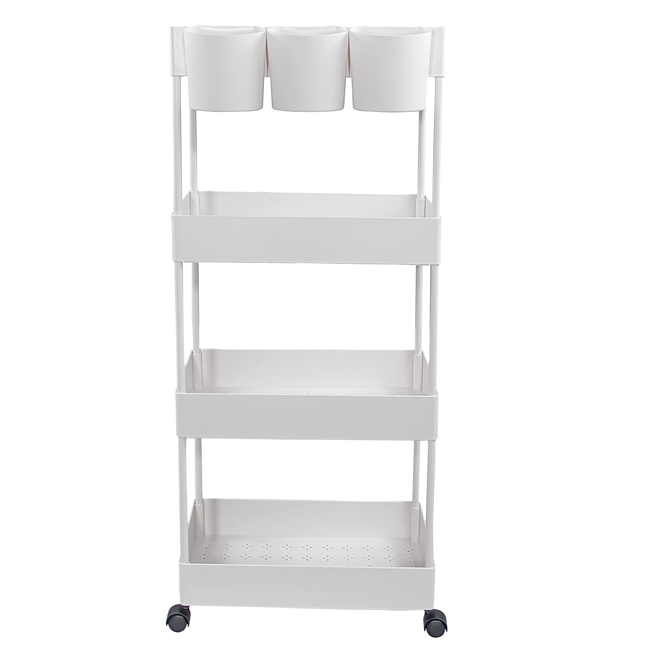 AewioAewio 4 Tier Utility Rolling Cart Storage Organizer Shelf Cart with 3PCS Hanging Cups for Home Office Bathroom Kitchen Narrow Space Storage (White)