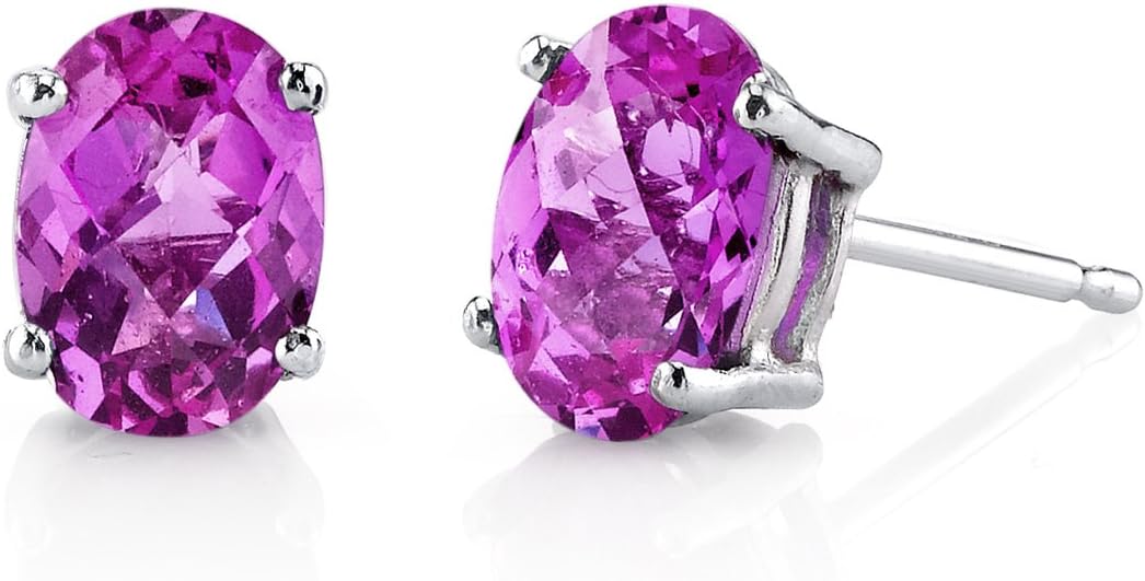 Peora 14K White Gold Created Pink Sapphire Earrings for Women, Hypoallergenic Solitaire Studs, 7x5mm Oval Shape, 2 Carats total, Friction Back, September Birthstone Earrings, Fine Gold Jewelry
