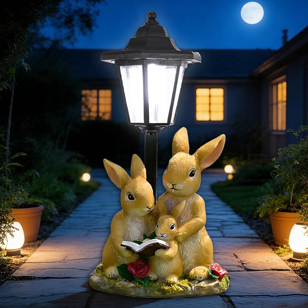 RNPKZ Solar Rabbit Family with Lantern Post Light, Solar Garden Ornaments Outdoor with Post Light Lantern, Weatherproof Garden Lights, Rabbit Family Gardens Resin Ornaments for Yard, Patio, Lawn Decor