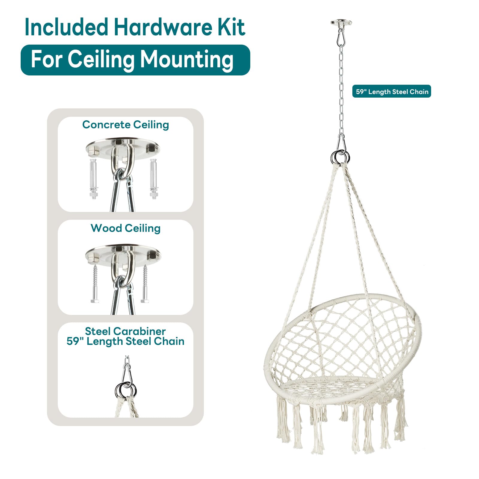 Silla colgante de macramé, silla colgante de máximo 330 libras, silla hamaca con 2 cojines y kits de herramientas, silla de cuerda de algodón para interiores y exteriores, dormitorio, patio, 4