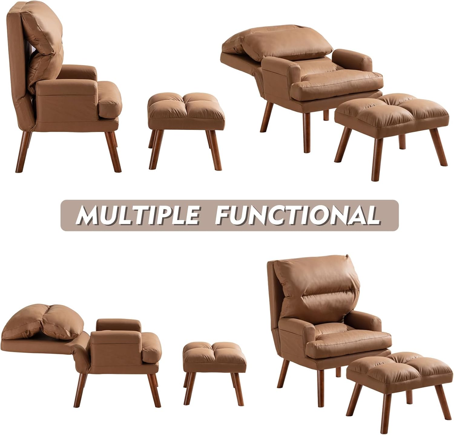 CANMOV Modern Accent Chair with Ottoman, Soft Fabric Armchair with Adjustable Backrest and Side Pockets, Comfy Lounge Chair for Living Room, Bedroom, Apartment, Office, Camel