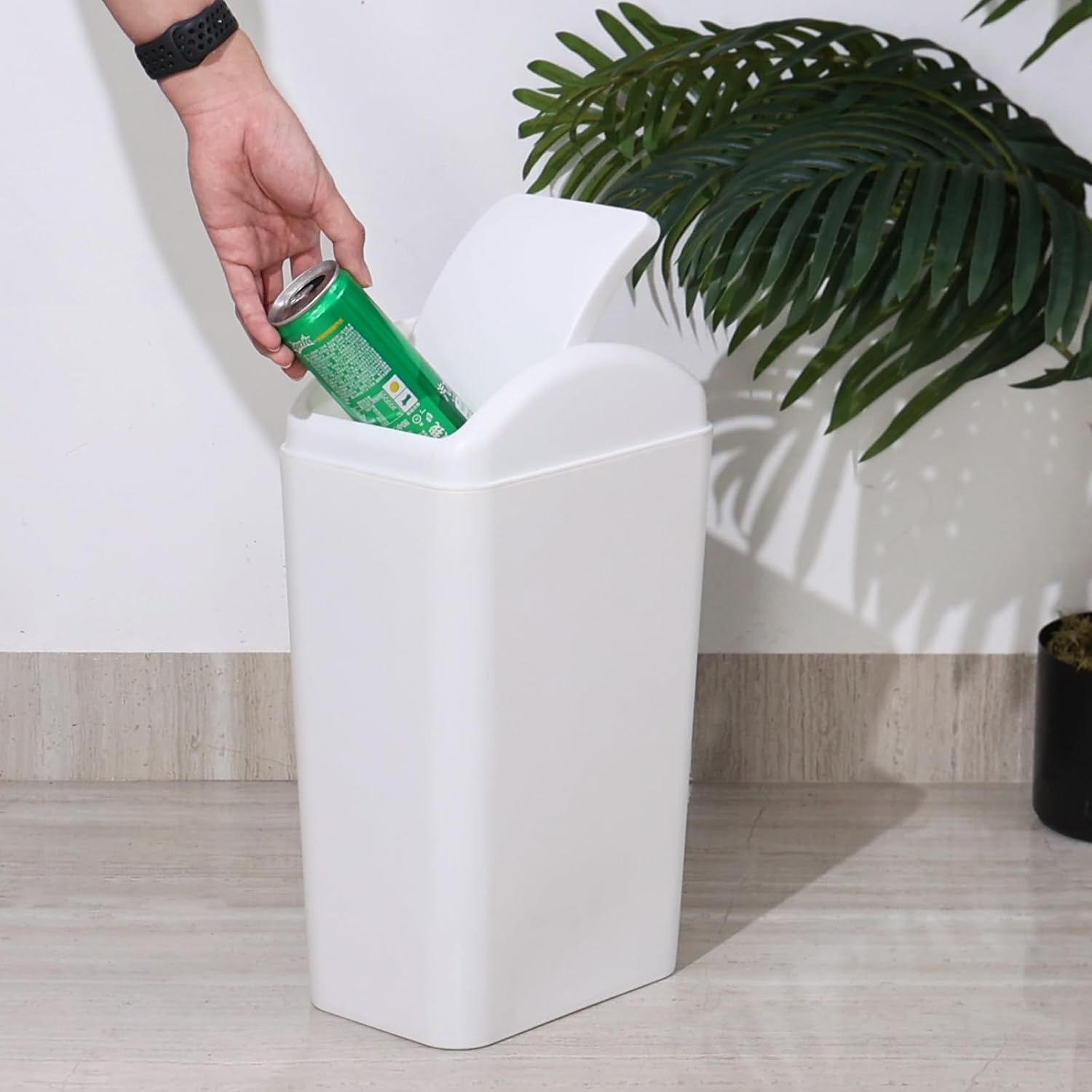 Wekioger 12 L / 3.5 Gallon Plastic Swing Lid Trash Can, Rectangular Slim Garbage Bin, White, 1 Pack
