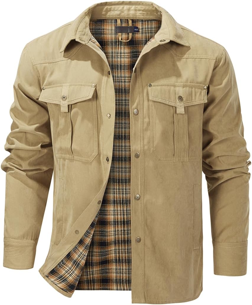 Haellun Men's Flannel Lined Shacket Long Sleeve Plaid Western Cowboy Snap Button Down Shirts Jackets with Pockets