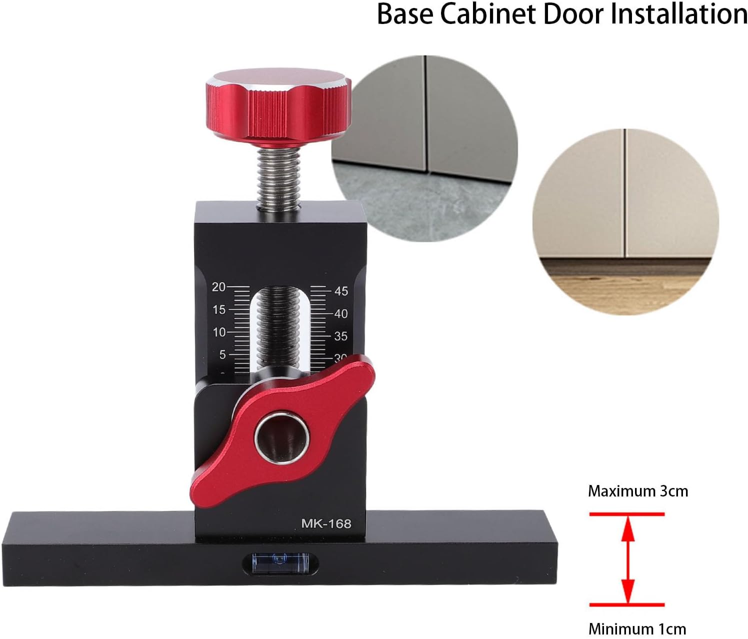 Fafeicy Cabinet Door Mounting Jig, Aluminum Alloy Material with Bubble Level and Dual Scale, Large Adjustment Knob for Wall and Base Cabinets 6mm 8mm 10mm Drill Bit