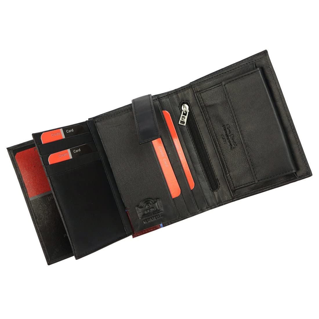 Pierre Cardin Portefeuille élégant pour Homme 100% Cuir Naturel 9,5 x 13 x 3 cm Peut contenir jusqu'à 8 Cartes 2 Compartiments à Billets 1 Poche à Monnaie Fermeture à glissière Noir et Rouge