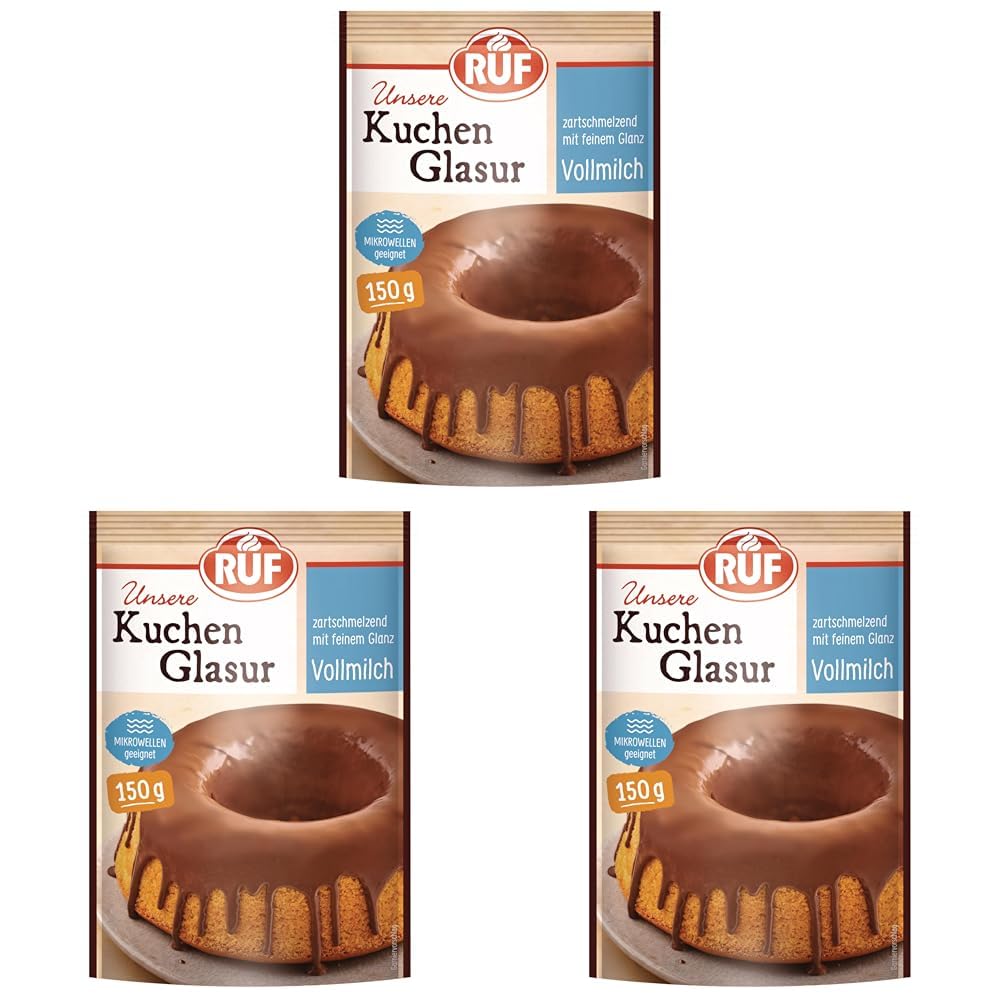 RUF Kuchen-Glasur Vollmilch-Schokolade, Fettglasur im 150 g Beutel, mikrowellengeeignet, zum Glasieren von Kuchen, Torten, Gebäck & Muffins, 1 x 150 g (Packung mit 3)