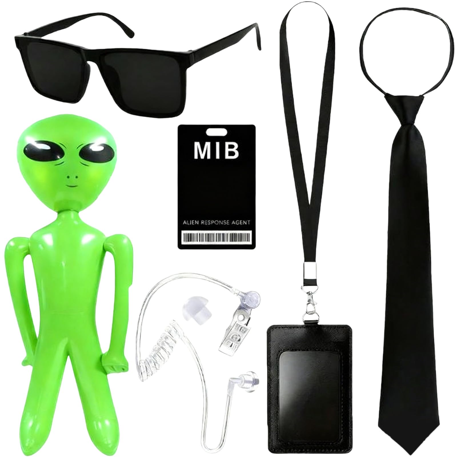 GWAWG Secret Spy in Black Costume, MIB Costume Accessories Set - Inflatable Alien, Black Tie, Aviator Sunglasses, ID Badge & Fake Earpiece, for Halloween Dress Up Parties Performances