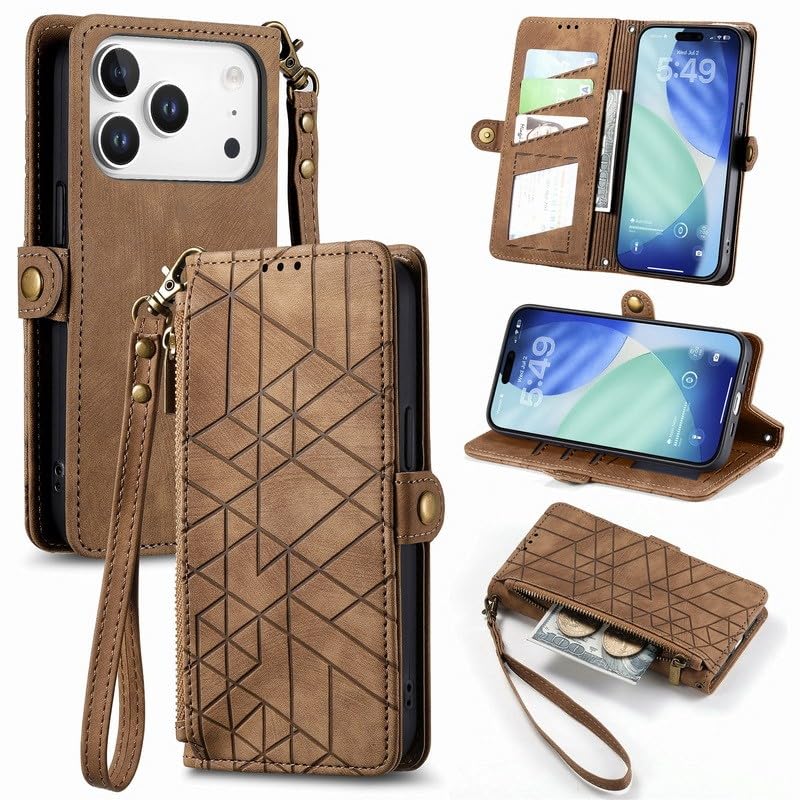 Étui iPhone 14 Pro portefeuille cuir marron housse antichoc avec porte-carte