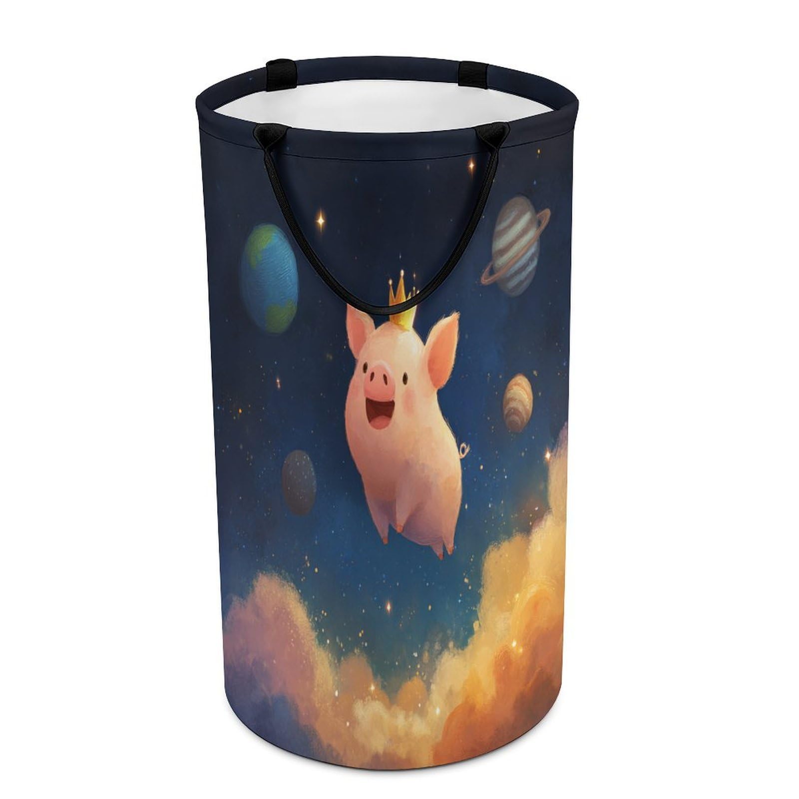 LUYYSKY Colorful Anime Cute Pig Versatile Storage Laundry Basket, Beautiful Rustic Outer Space Galaxy Planets Animal Pig Large Capacity Bathroom Hamper With Handle