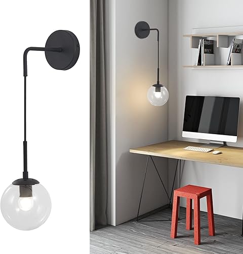 Miniatura 8 de BOKT Aplique de Pared Moderno de Mediados de Siglo Negro con Globo de Vidrio Transparente, Iluminación de Pared Minimalista Ajustable para Mesita de