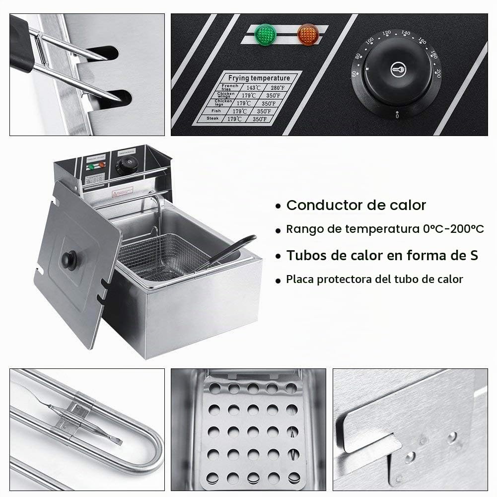 Freidora Eléctrica Profesional de Acero Inoxidable de 6 Litros con Cesta para Uso Comercial y Doméstico Enchufe de la UE