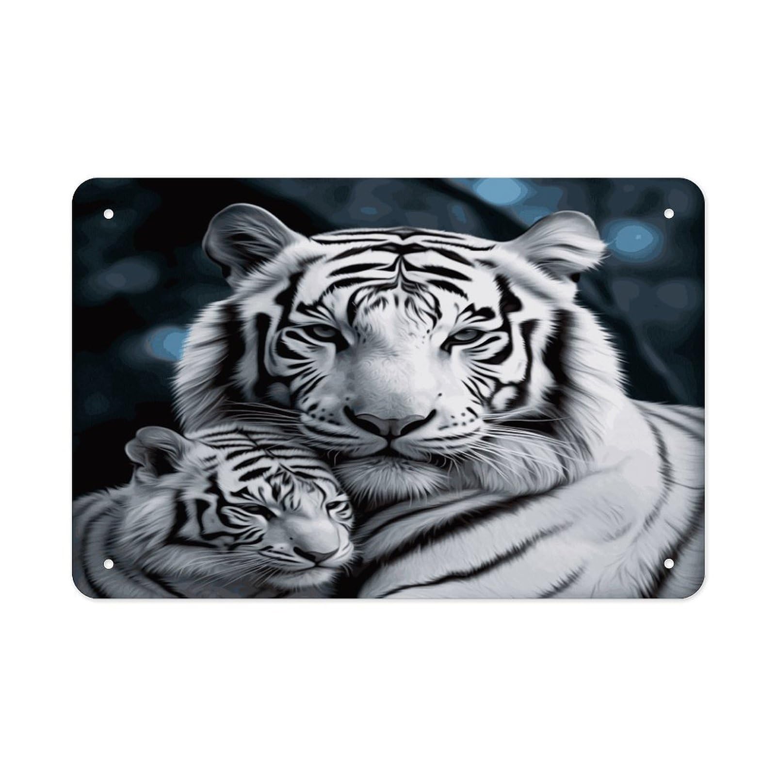 LDGSUPH White Tiger Metal Tin Sign Wall Art Prints Folded Edge Iron Sheet Painting with Holes for Wall Prints Decorative Picture Metal Signboard Decor Painting Wall Decor