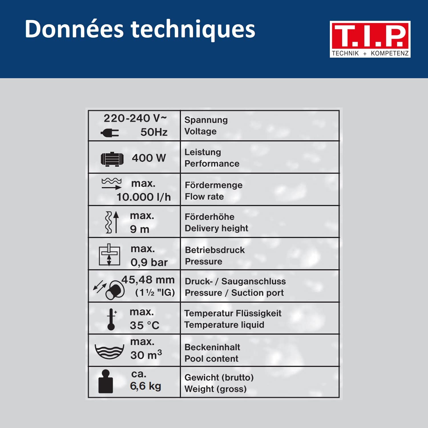 T.I.P. Pompe de Filtration Piscine – Débit 10 000 l/h – Auto-Amorçante avec Minuterie et Préfiltre – Parfaite pour Piscines et Bassins Jusqu'à 30 m³