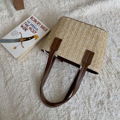 Cute Brown Straw Fabric Tote Bag Purse for Women Straw Crossbody Bags for Women Y2k Purses Shoulder Handbag4