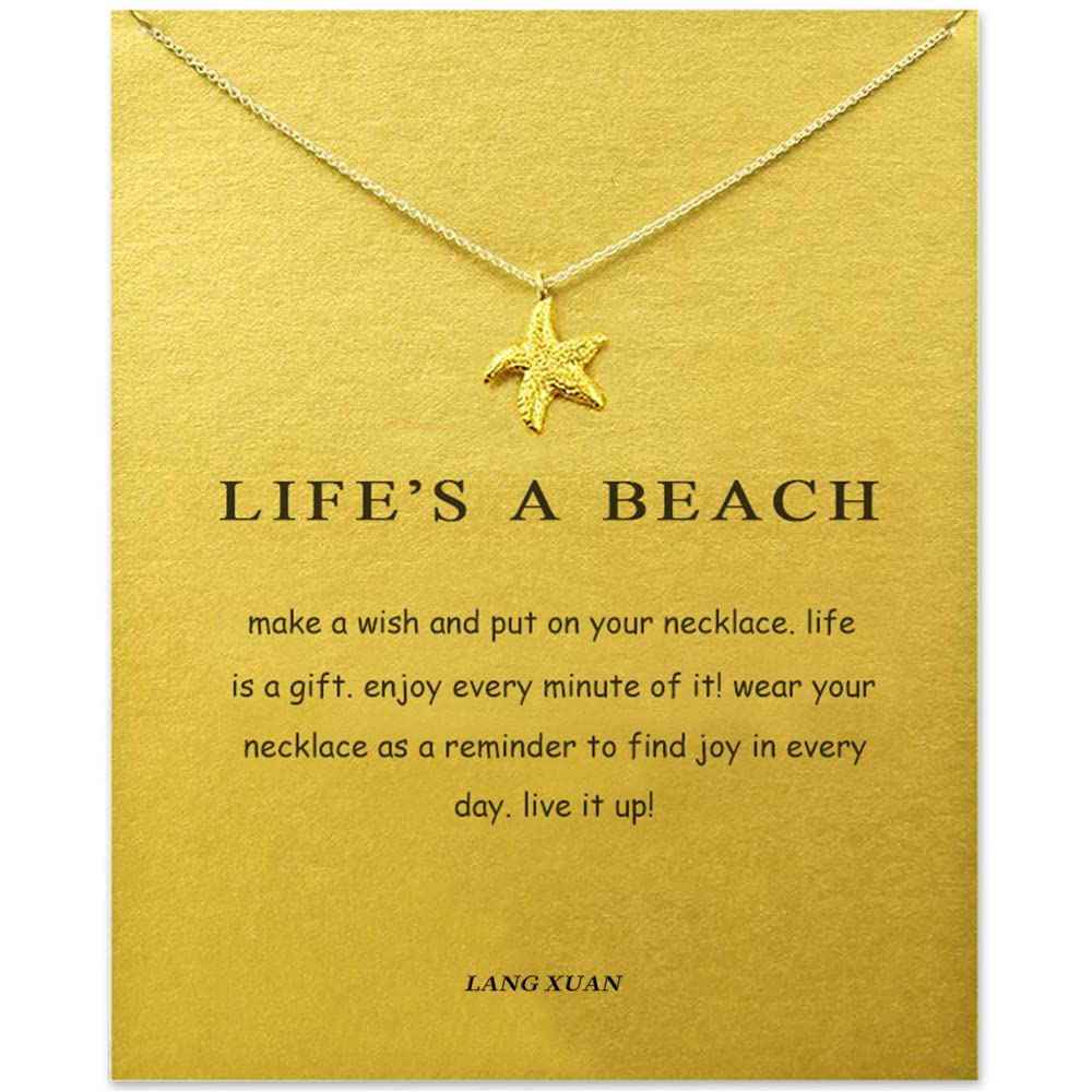 LANG XUAN Message Card Gold Dainty Layered Compass Pendant Necklace Friendship Butterfly Sun Good Luck Elephant Pendant Faith Chain Necklace for Women Gift