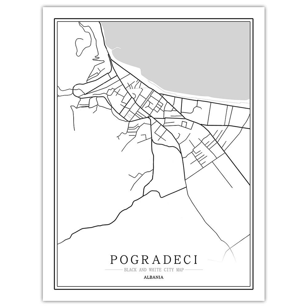 Carte de Pogradeci en poster noir et blanc pour salon moderne | 70x100cm