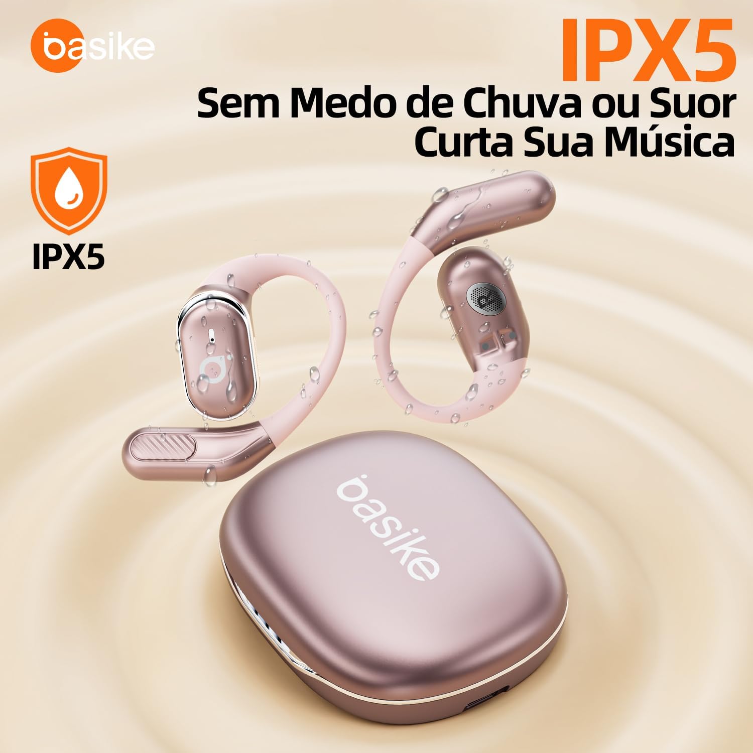 Fone de Ouvido Sem Fio Bluetooth Open Ear Esportivo Rose Gold com Estojo Carga