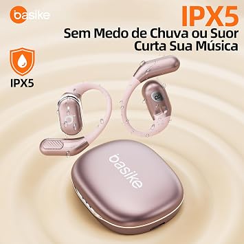 Fone de Ouvido Bluetooth Esportivo Basike T6, IPX5, Estéreo Hi-Fi, 60 Horas de Standby - Ouro Rosa