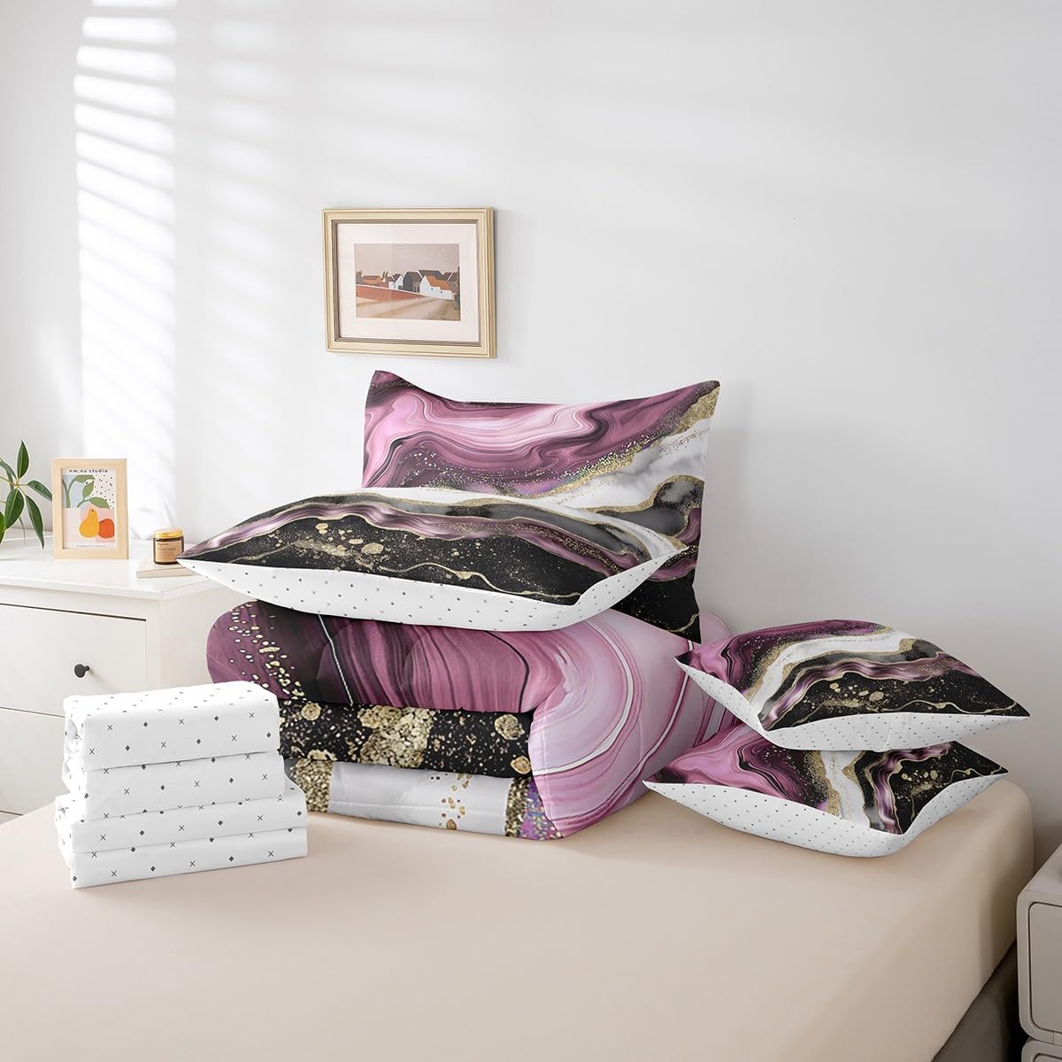 Black and Pink Marbling Bedding Full Size 7pcs for Girls Watercolor Stripe Comforter Set, Gold Marble Bedding Comforter Sets Foil Print Bed in a Bag, Abstract Aesthetic Metallic Bedding Accessories image 5