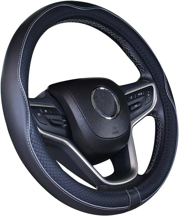 Microfibre Leather Car Steering Wheel Cover 38 cm for Most Cars (Black Grey)