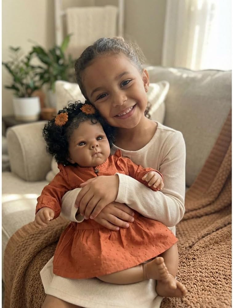 Lonian Reborn Girl 17 Inch Dark Skin Realistic Dolls Soft Cloth Body with Hand Rooted Hair - Vinyl Head, Members Doll for Newborns with Accessories
