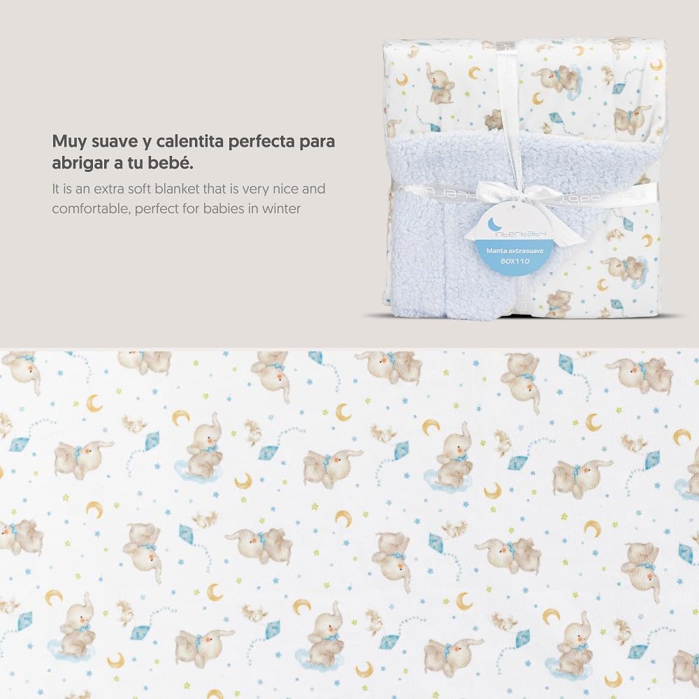 Interbaby - Manta Bebe Recien Nacido | Mantita Bebe 100% Poliéster, Terciopelo, Suave, Cómoda, Cálida | Manta Meses Bebe 80x110cm, Unisex, para Cunas, Carritos | Elefante + Borreguillo Azul