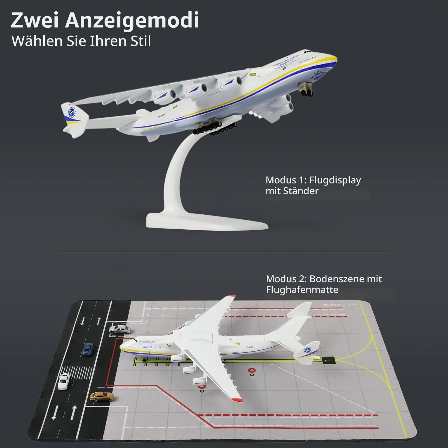 1/400 für Russische Bemalung AN-225 Druckguss-Flugzeugmodell mit Flughafenmatte und 5 Mini-Autos