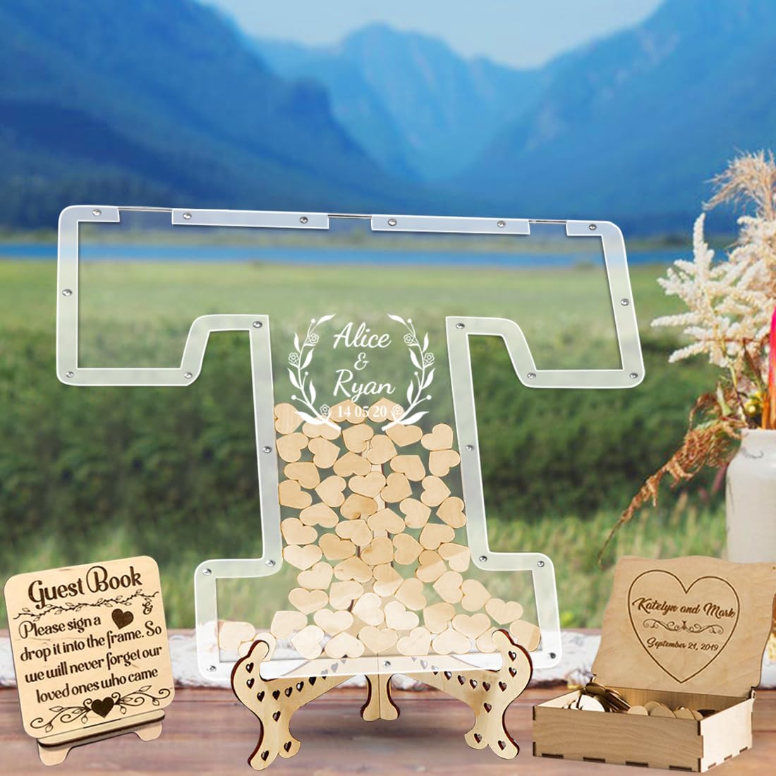 Personalized Wedding Guestbook Alternative Custom Guestbook Sign with Name Date & Wooden Hearts Sign for Wedding Anniversary Party
