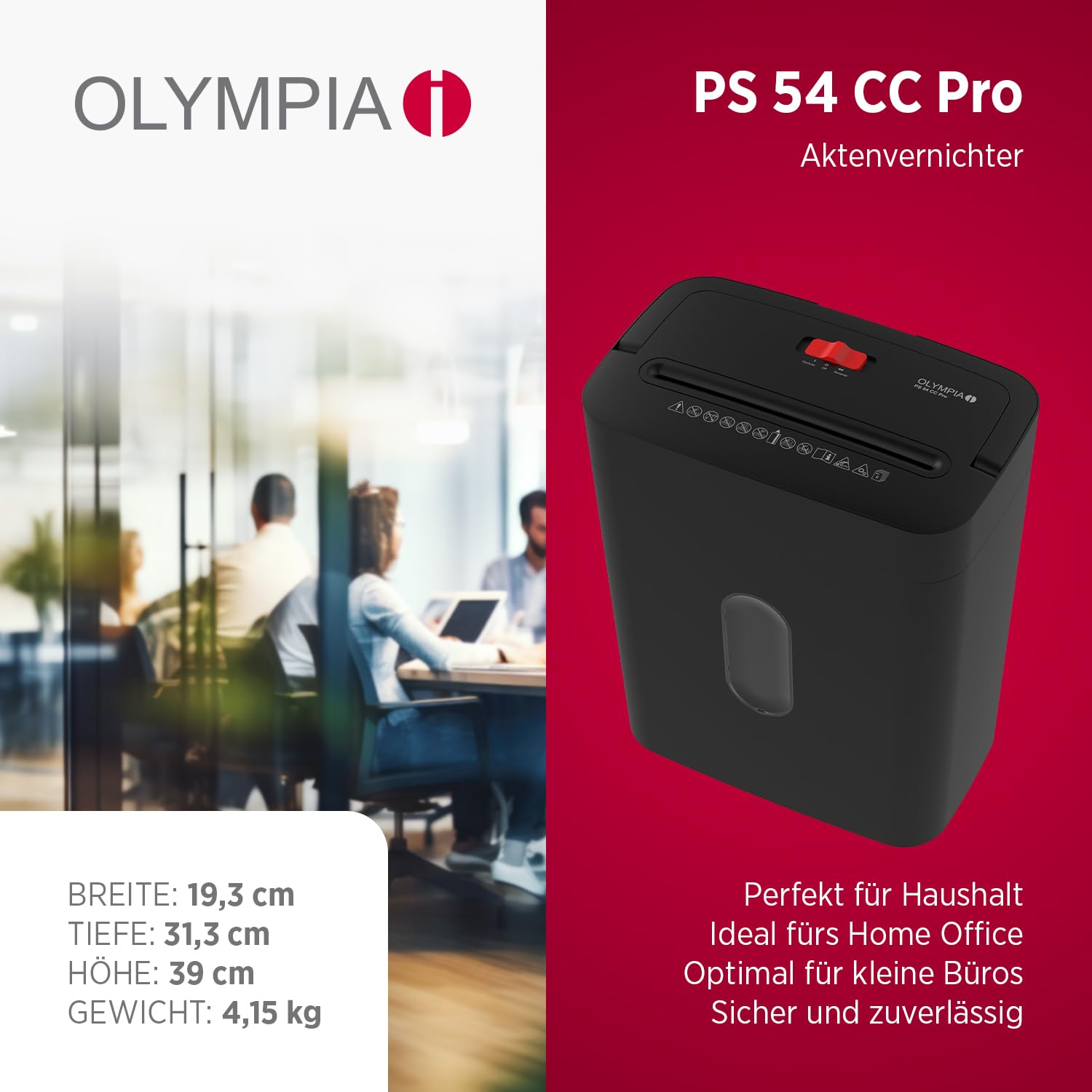 OLYMPIA PS 54 CC Pro niszczarka papieru z cięciem cząstek 4 × 38 mm | niszczarka dokumentów do domowego biura | niszczarka papieru 8 arkuszy | z uniwersalną nakładką | niszczarka papieru