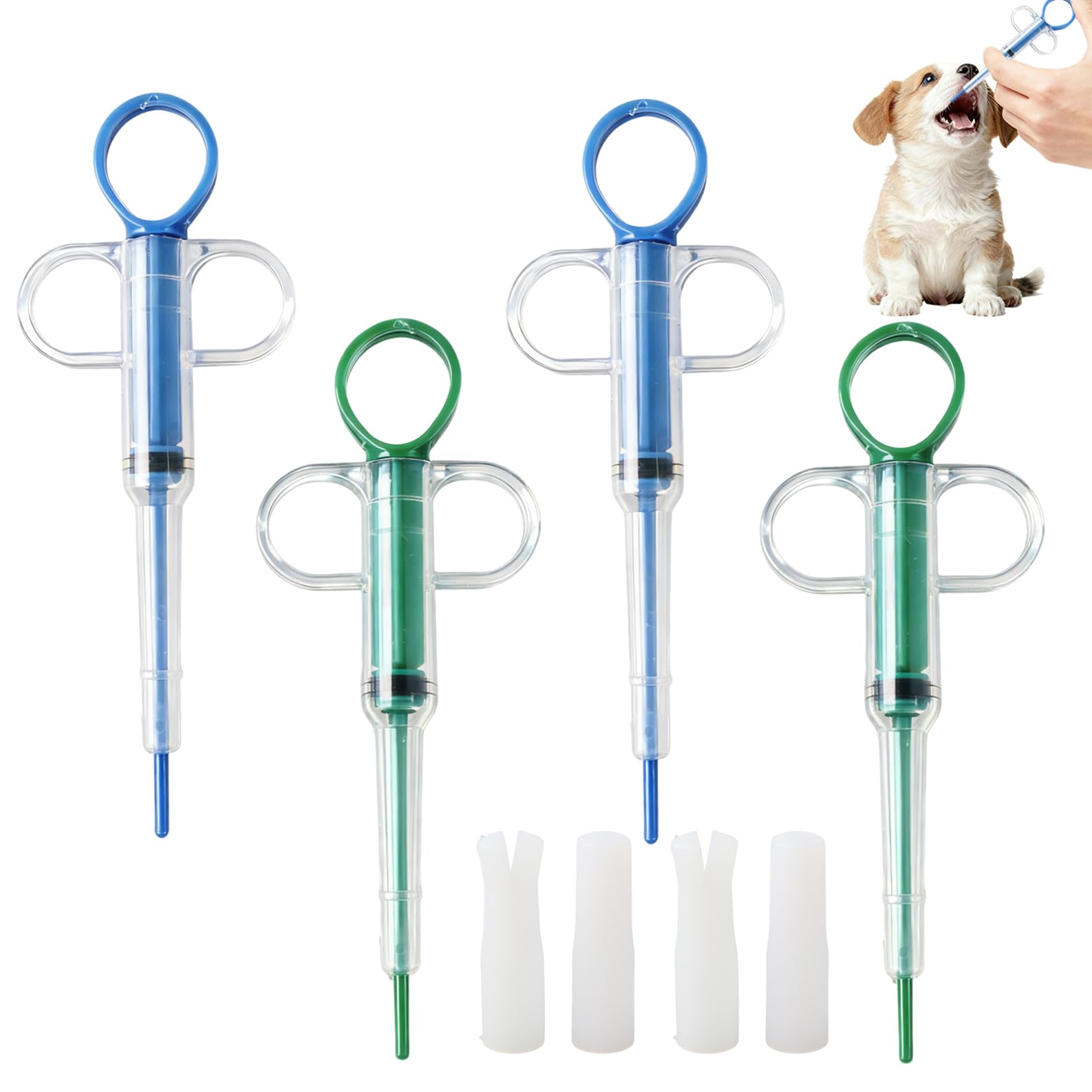 4 dispenser per compresse per gatti – blu e verde ciascuno 2 pezzi, con punta in silicone, spinta pillola riutilizzabile per animali domestici (gatti e cani piccoli)