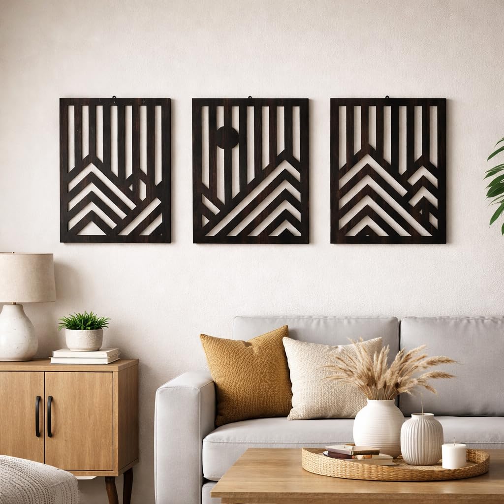 Noblenest Aura Wooden Panel Wall Decor (15 x 12 Inch) Set of 3 | Circle Design in Rectangle Frame | Modern Wooden Wall Art for Living Room, Bedroom & Office | Home Decoration Wall Hanging | Wall Sculpture (Geo)